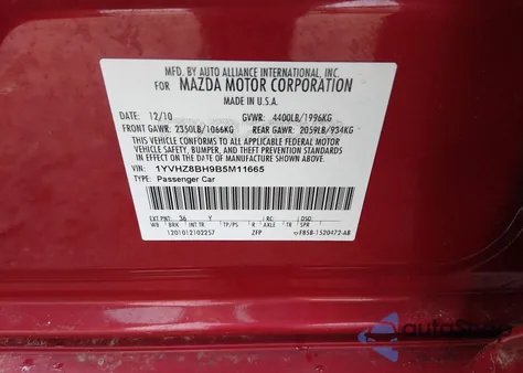 2011 Mazda Mazda6 I Sport z USA, uszkodzony, nr VIN 1YVHZ8BH9B5M11665